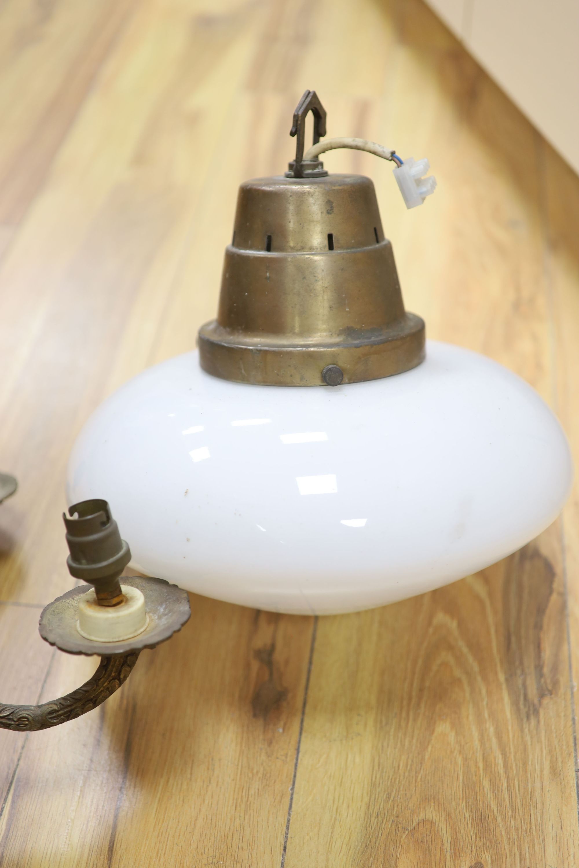 An Art Deco brass and opaline pendant light and a gilt five branch Victorian style chandelier (2)